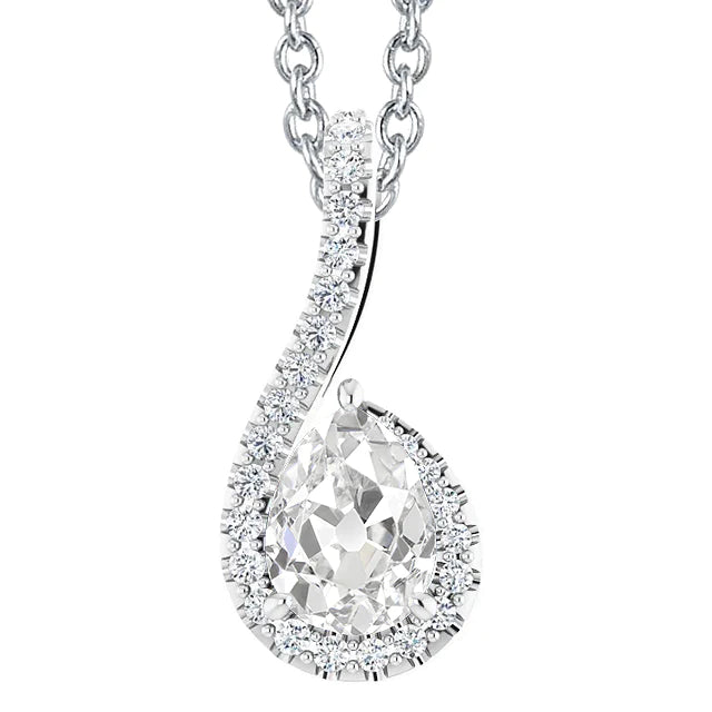 Halo Real Diamond Pendant Necklace 4 Carats Pear Old Cut Slide Gold Jewelry