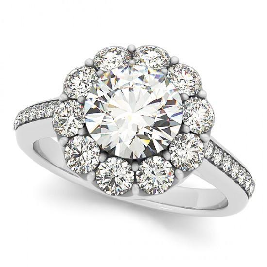Halo Real Diamond Solitaire Ring Flower Shape With Accent 2.75 Carat WG 14K