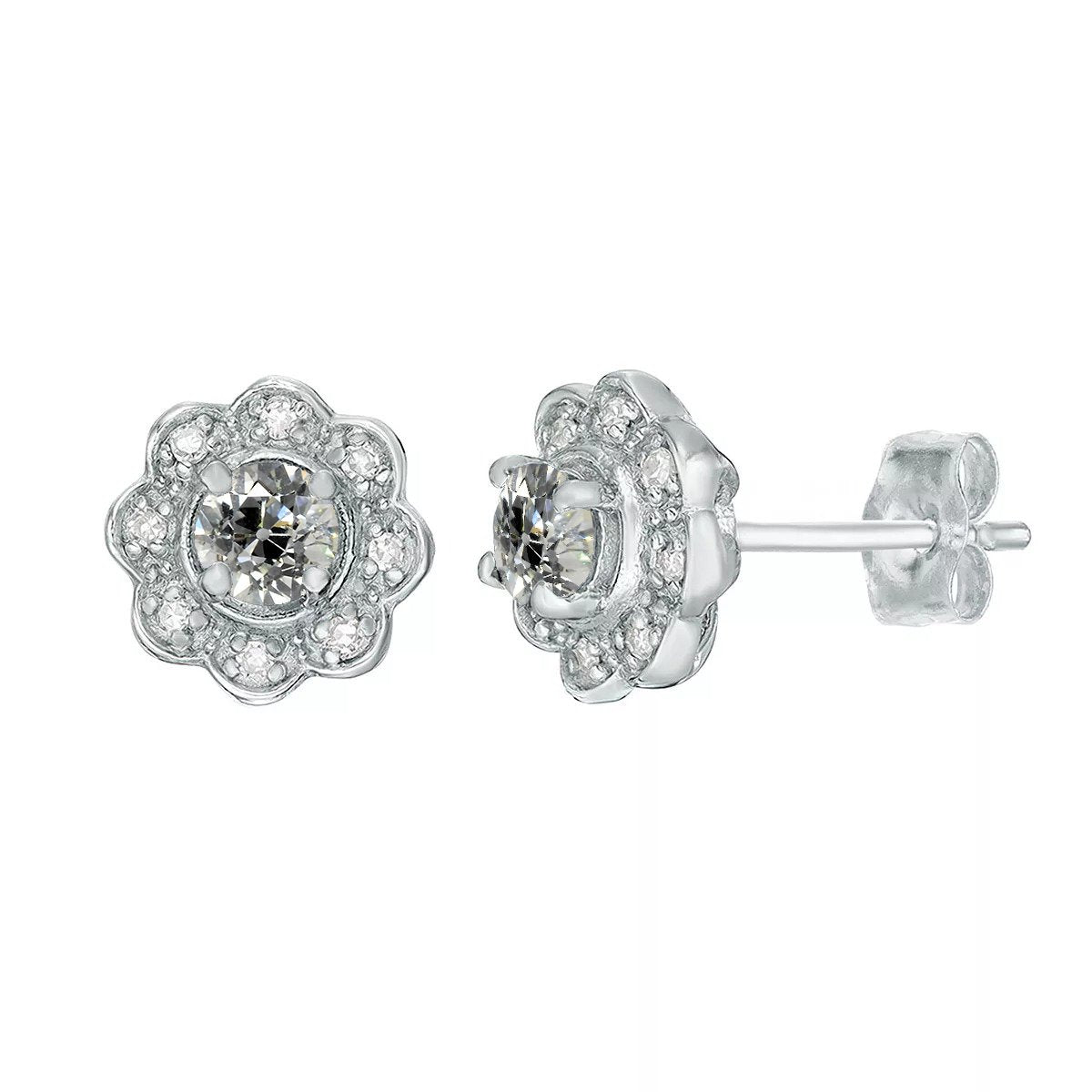 Halo Natural Earth Mined Diamond Studs Flower Style Old Cut Earrings 4 Carats Push Backs