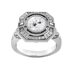 Halo Ring Baguette & Round Old Mine Cut Real Diamonds 3.75 Carats Milgrain