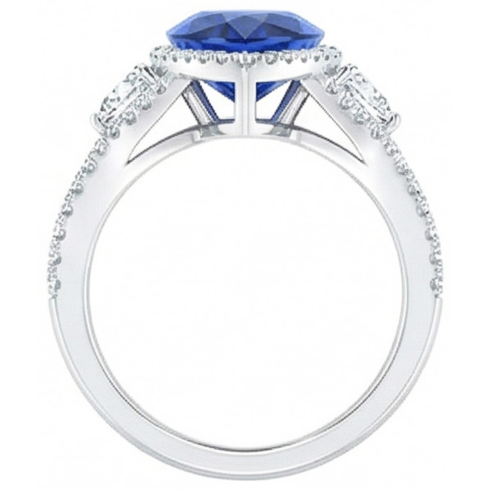 Halo Ring Bezel Set Pear Blue Sapphire & Natural Earth Mined DIAMOND ( NOT LAB GROWN ) Accents 4 Carats