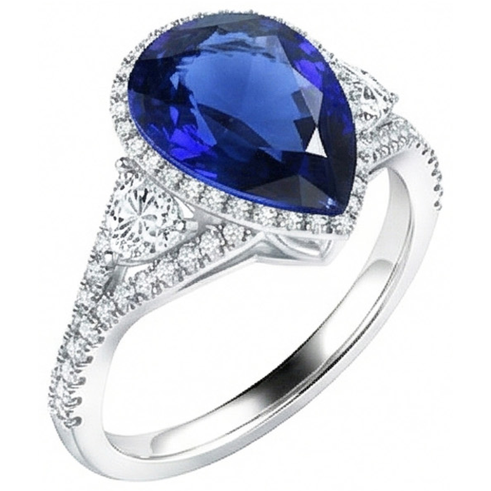 Halo Ring Bezel Set Pear Blue Sapphire & Natural Earth Mined DIAMOND ( NOT LAB GROWN ) Accents 4 Carats
