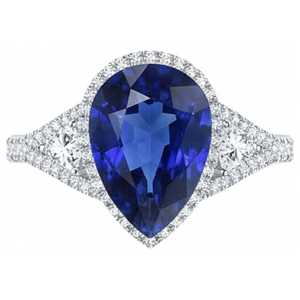 Halo Ring Bezel Set Pear Blue Sapphire & Natural Earth Mined DIAMOND ( NOT LAB GROWN ) Accents 4 Carats