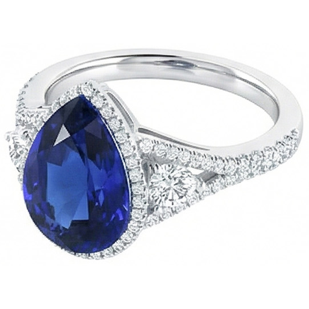 Halo Ring Bezel Set Pear Blue Sapphire & Natural Earth Mined DIAMOND ( NOT LAB GROWN ) Accents 4 Carats