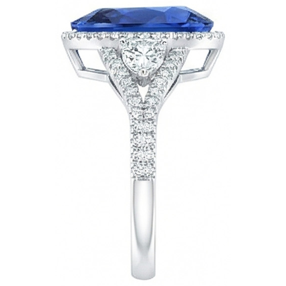 Halo Ring Bezel Set Pear Blue Sapphire & Natural Earth Mined DIAMOND ( NOT LAB GROWN ) Accents 4 Carats
