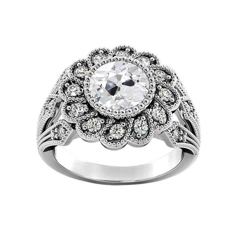 Halo Ring Bezel Set Round Old Miner Real Diamond Flower Antique Style 3.25 Carats