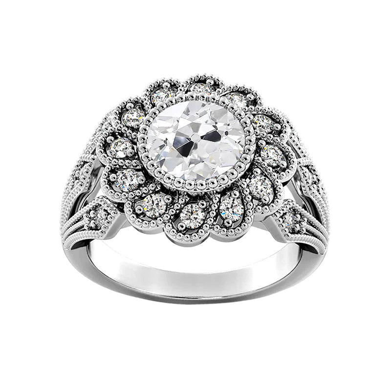 Halo Ring Bezel Set Round Old Miner Real Diamond Flower Antique Style 3.25 Carats