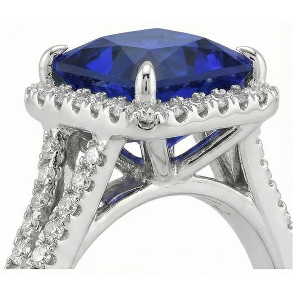 Halo Ring Blue Sapphire and Natural Earth Mined Diamond 6.5 Carat Princess with Accent