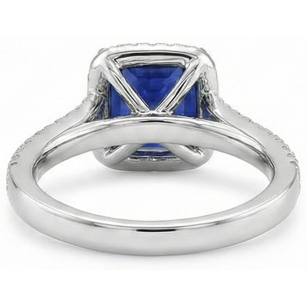 Halo Ring Blue Sapphire and Natural Earth Mined Diamond 6.5 Carat Princess with Accent