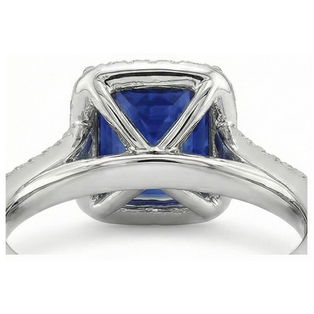 Halo Ring Blue Sapphire and Natural Earth Mined Diamond 6.5 Carat Princess with Accent