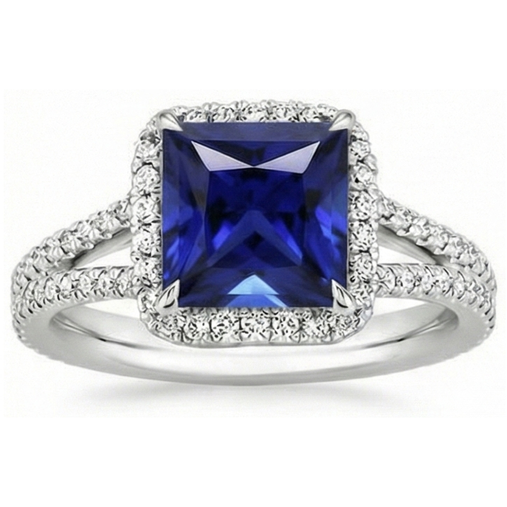 Halo Ring Blue Sapphire and Natural Earth Mined Diamond 6.5 Carat Princess with Accent