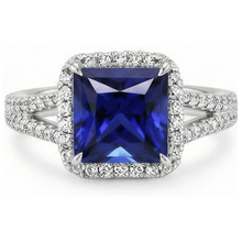 Halo Ring Blue Sapphire and Natural Earth Mined Diamond 6.5 Carat Princess with Accent