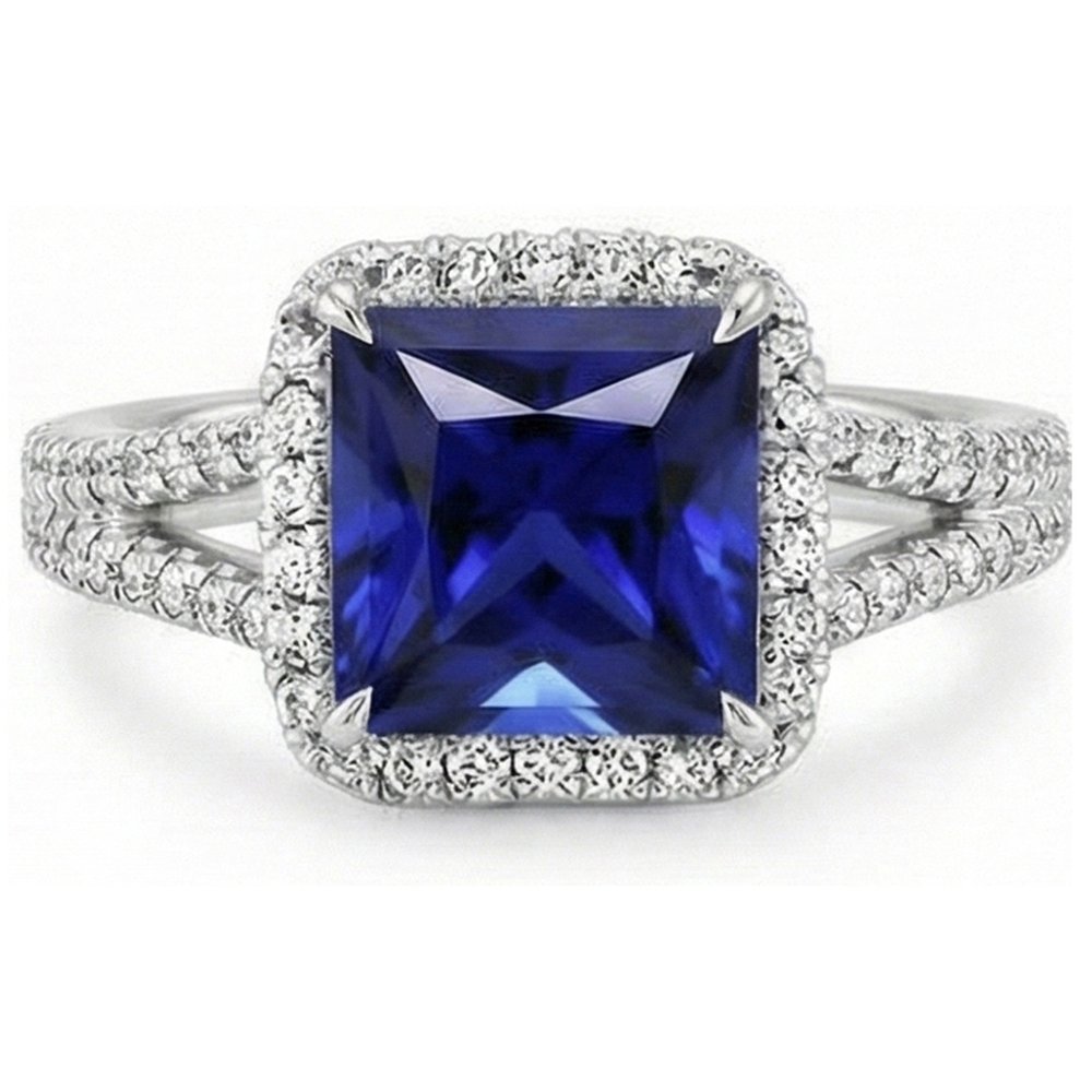 Halo Ring Blue Sapphire and Natural Earth Mined Diamond 6.5 Carat Princess with Accent