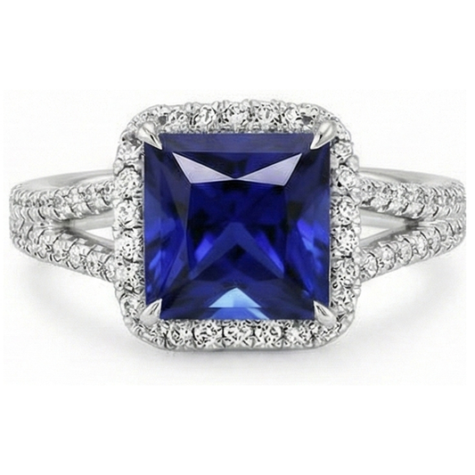 Halo Ring Blue Sapphire and Natural Earth Mined Diamond 6.5 Carat Princess with Accent