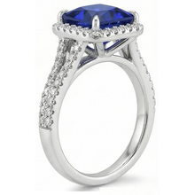 Halo Ring Blue Sapphire and Natural Earth Mined Diamond 6.5 Carat Princess with Accent