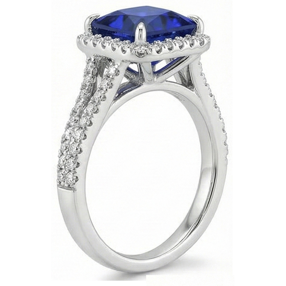 Halo Ring Blue Sapphire and Natural Earth Mined Diamond 6.5 Carat Princess with Accent