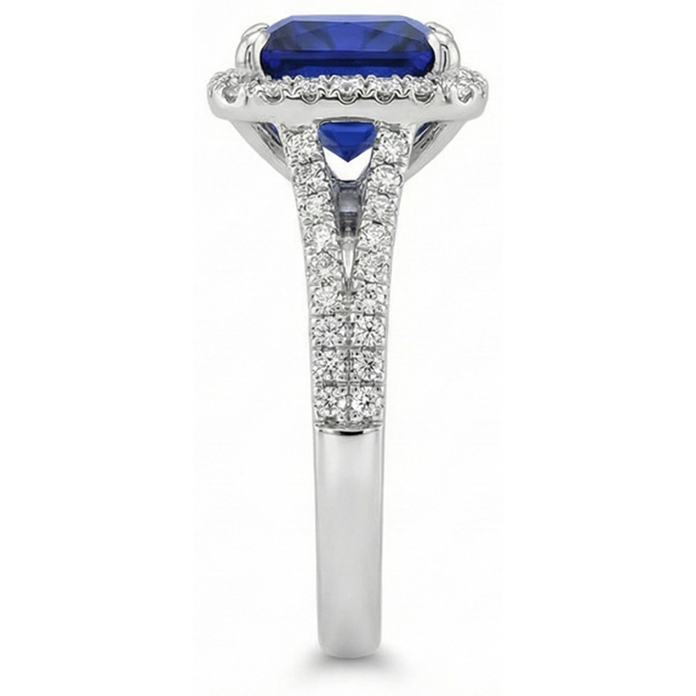 Halo Ring Blue Sapphire and Natural Earth Mined Diamond 6.5 Carat Princess with Accent