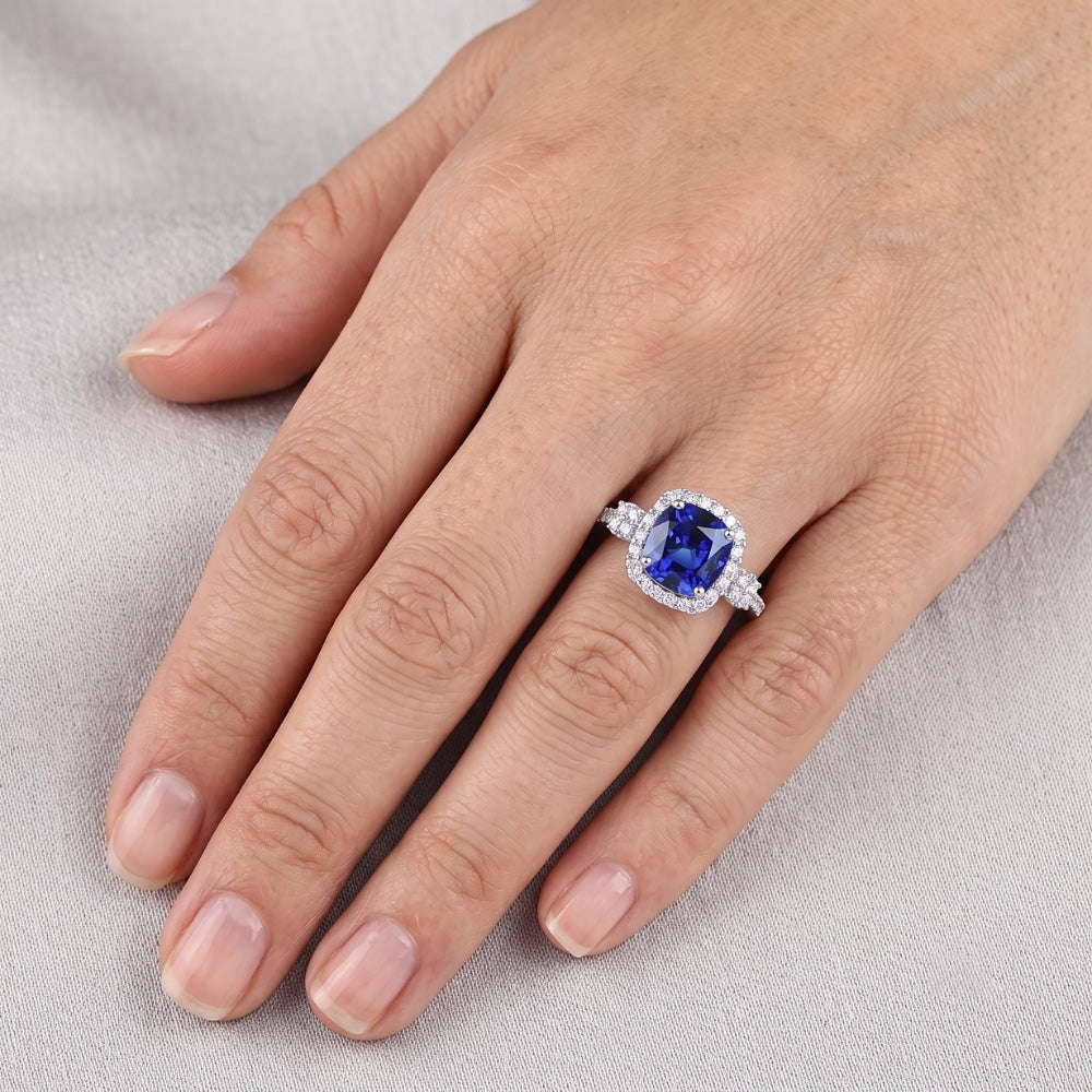 Halo Ring Cushion Ceylon Sapphire Prong Set Natural Earth Mined Diamonds 3.50 Carats
