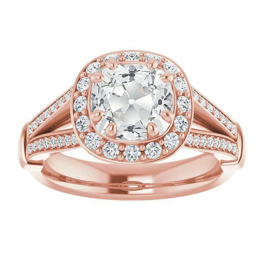 Halo Ring Cushion Old Cut Genuine Diamond 8 Prong Set 7.75 Carats Split Shank