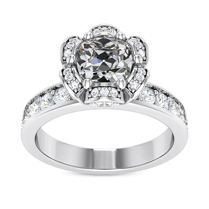 Halo Ring Cushion Old Cut Natural Earth Mined Diamond Ring Flower Channel Set 5 Carats