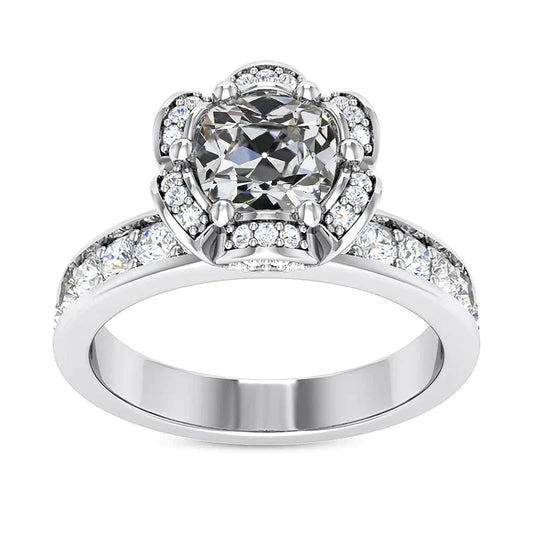 Halo Ring Cushion Old Cut Real Diamond Ring Flower Channel Set 5 Carats