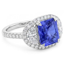 Halo Ring Cushion Sapphire With Half Moon & Round Natural Earth Mined Diamond 4.50 Carats