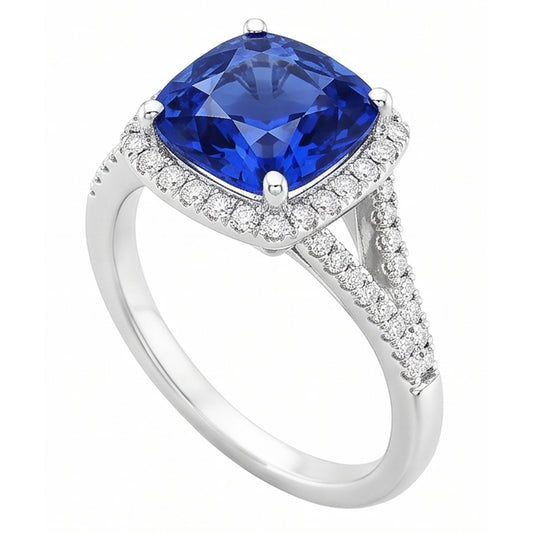 Halo Ring Cushion Sri Lankan Sapphire 4 Carats Split Shank Jewellery