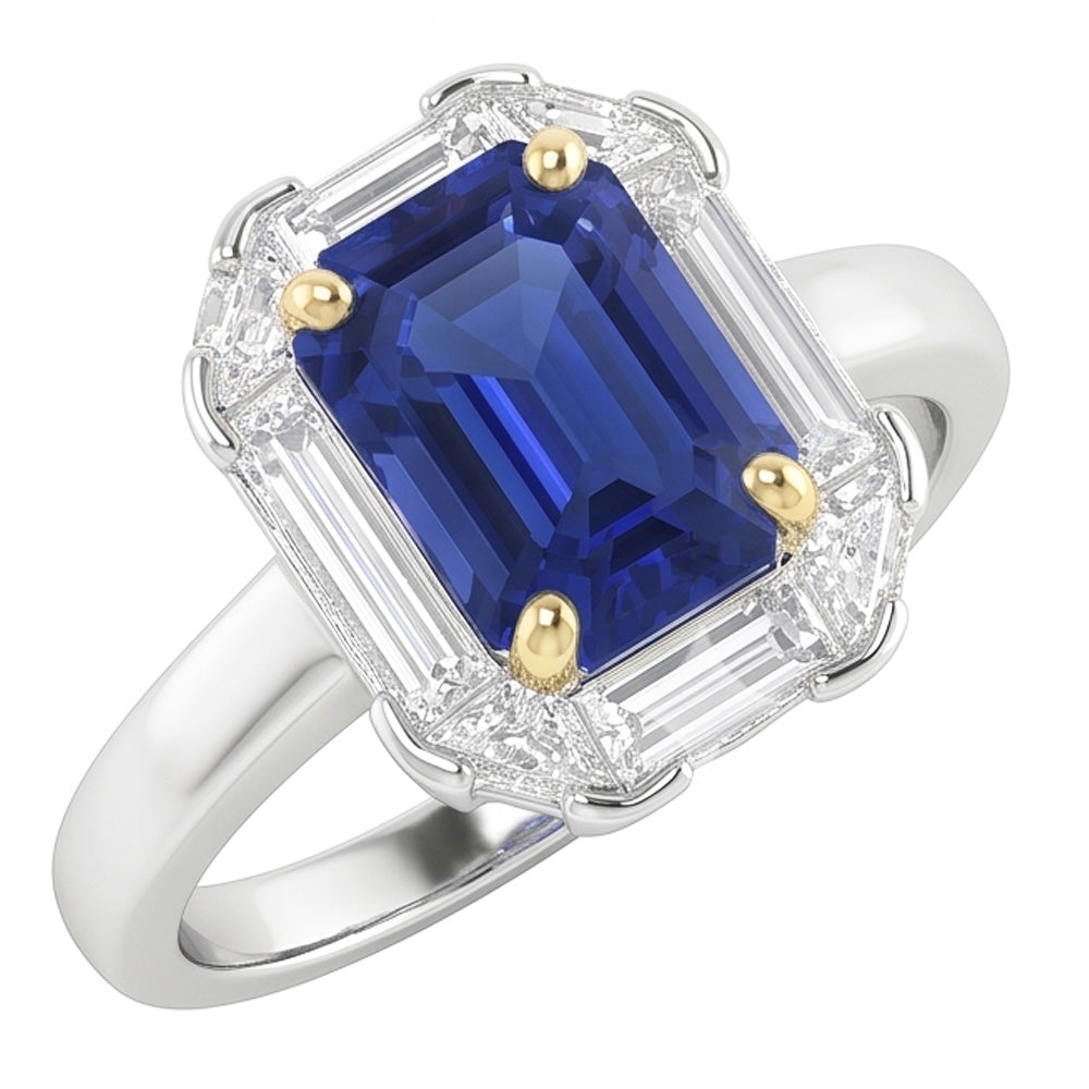 Halo Ring Emerald Blue Sapphire Trillion & Baguette Natural Earth Mined Diamonds 3 Carats