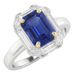 Halo Ring Emerald Blue Sapphire Trillion & Baguette Natural Earth Mined Diamonds 3 Carats