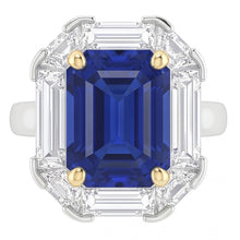 Halo Ring Emerald Blue Sapphire Trillion & Baguette Natural Earth Mined Diamonds 3 Carats
