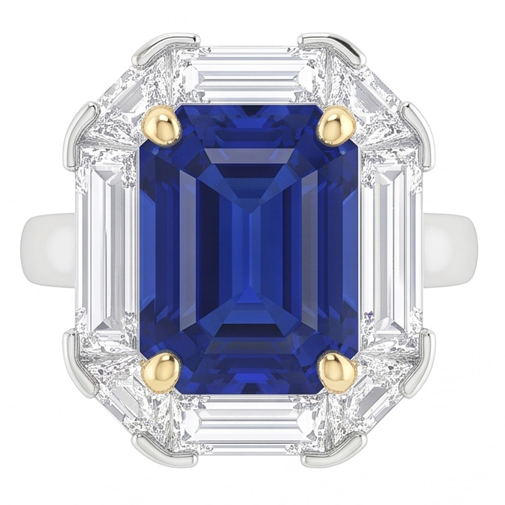 Halo Ring Emerald Blue Sapphire Trillion & Baguette Natural Earth Mined Diamonds 3 Carats