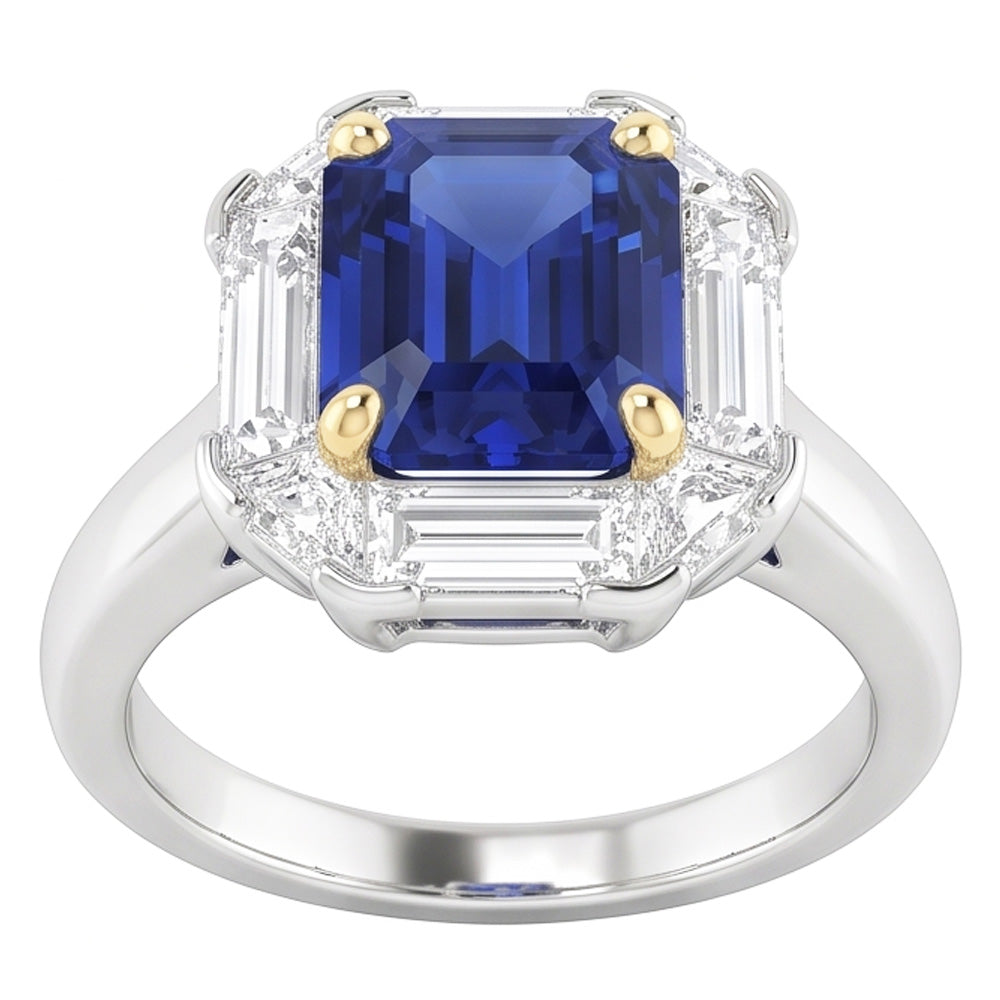 Halo Ring Emerald Blue Sapphire Trillion & Baguette Natural Earth Mined Diamonds 3 Carats