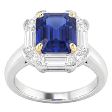 Halo Ring Emerald Blue Sapphire Trillion & Baguette Natural Earth Mined Diamonds 3 Carats