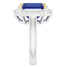 Halo Ring Emerald Blue Sapphire Trillion & Baguette Natural Earth Mined Diamonds 3 Carats