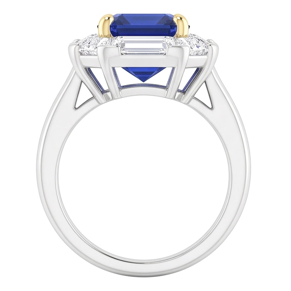 Halo Ring Emerald Blue Sapphire Trillion & Baguette Natural Earth Mined Diamonds 3 Carats
