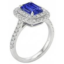 Halo Ring Emerald Blue Sapphire & Natural Earth Mined Diamond 5 Carats White Gold 14K
