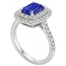 Halo Ring Emerald Blue Sapphire & Natural Earth Mined Diamond 5 Carats White Gold 14K