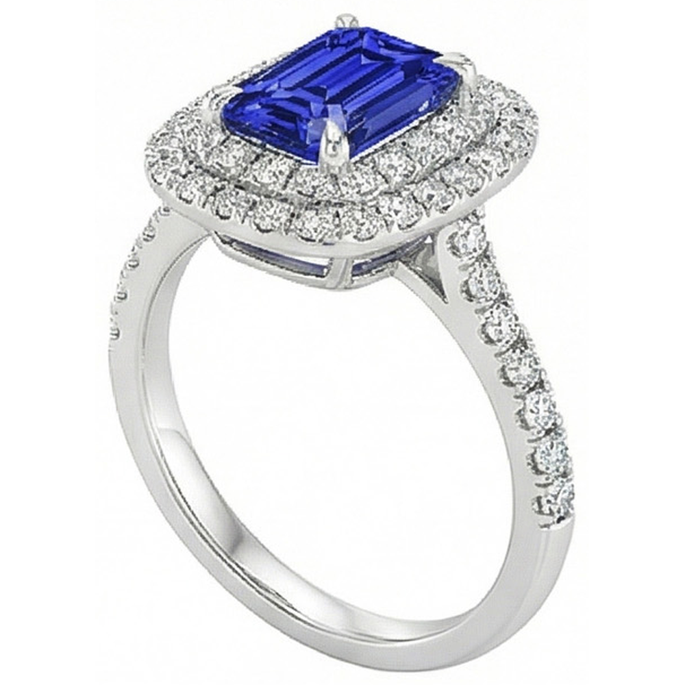 Halo Ring Emerald Blue Sapphire & Natural Earth Mined Diamond 5 Carats White Gold 14K