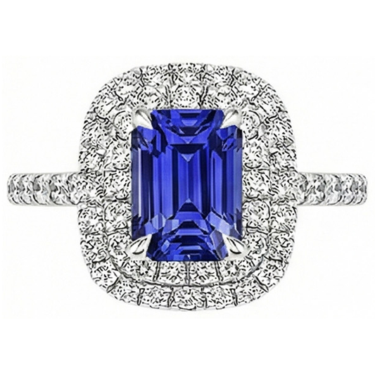 Halo Ring Emerald Blue Sapphire & Natural Earth Mined Diamond 5 Carats White Gold 14K