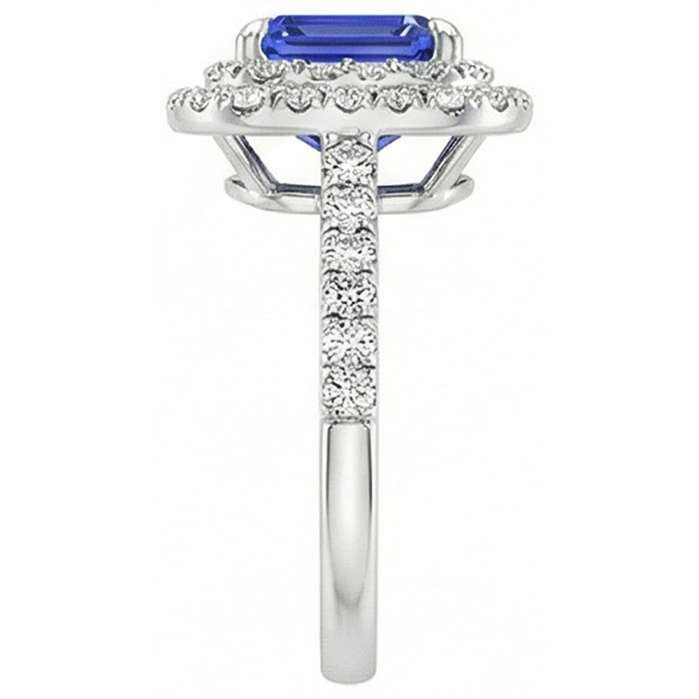 Halo Ring Emerald Blue Sapphire & Natural Earth Mined Diamond 5 Carats White Gold 14K