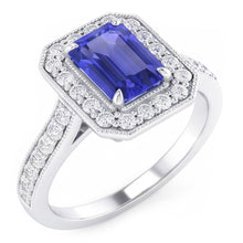 Halo Ring Emerald Sapphire & Natural Earth Mined Diamonds 3 Carats White Gold Milgrain