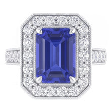Halo Ring Emerald Sapphire & Natural Earth Mined Diamonds 3 Carats White Gold Milgrain