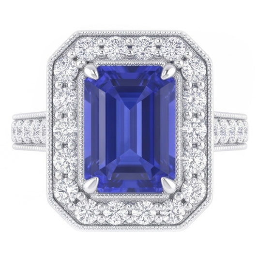 Halo Ring Emerald Sapphire & Natural Earth Mined Diamonds 3 Carats White Gold Milgrain