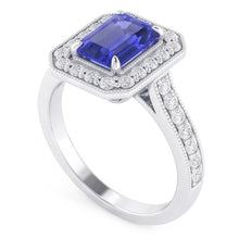 Halo Ring Emerald Sapphire & Natural Earth Mined Diamonds 3 Carats White Gold Milgrain