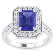 Halo Ring Emerald Sapphire & Natural Earth Mined Diamonds 3 Carats White Gold Milgrain
