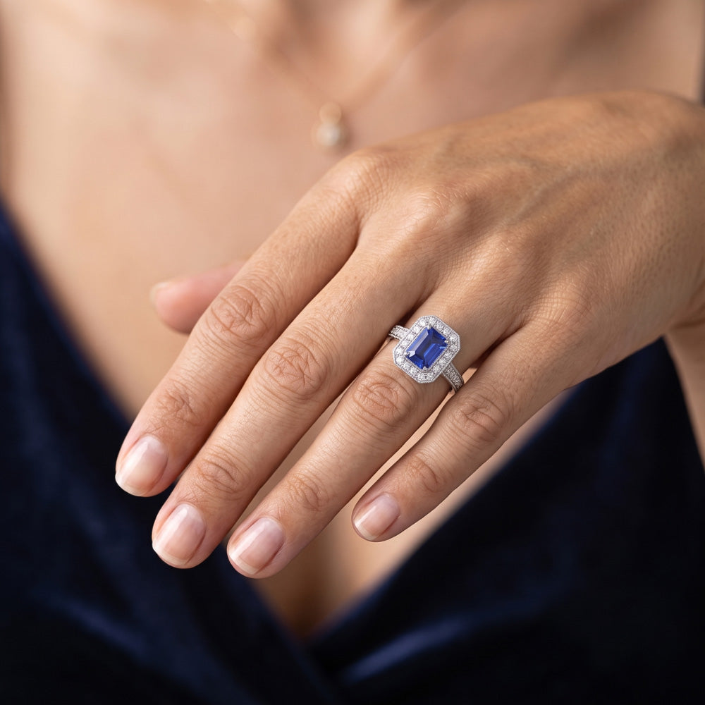Halo Ring Emerald Sapphire & Natural Earth Mined Diamonds 3 Carats White Gold Milgrain