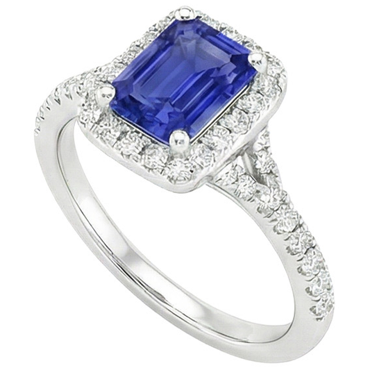 Halo Ring Emerald Sri Lankan Sapphire & Natural Earth Mined Diamond 4.50 Carats
