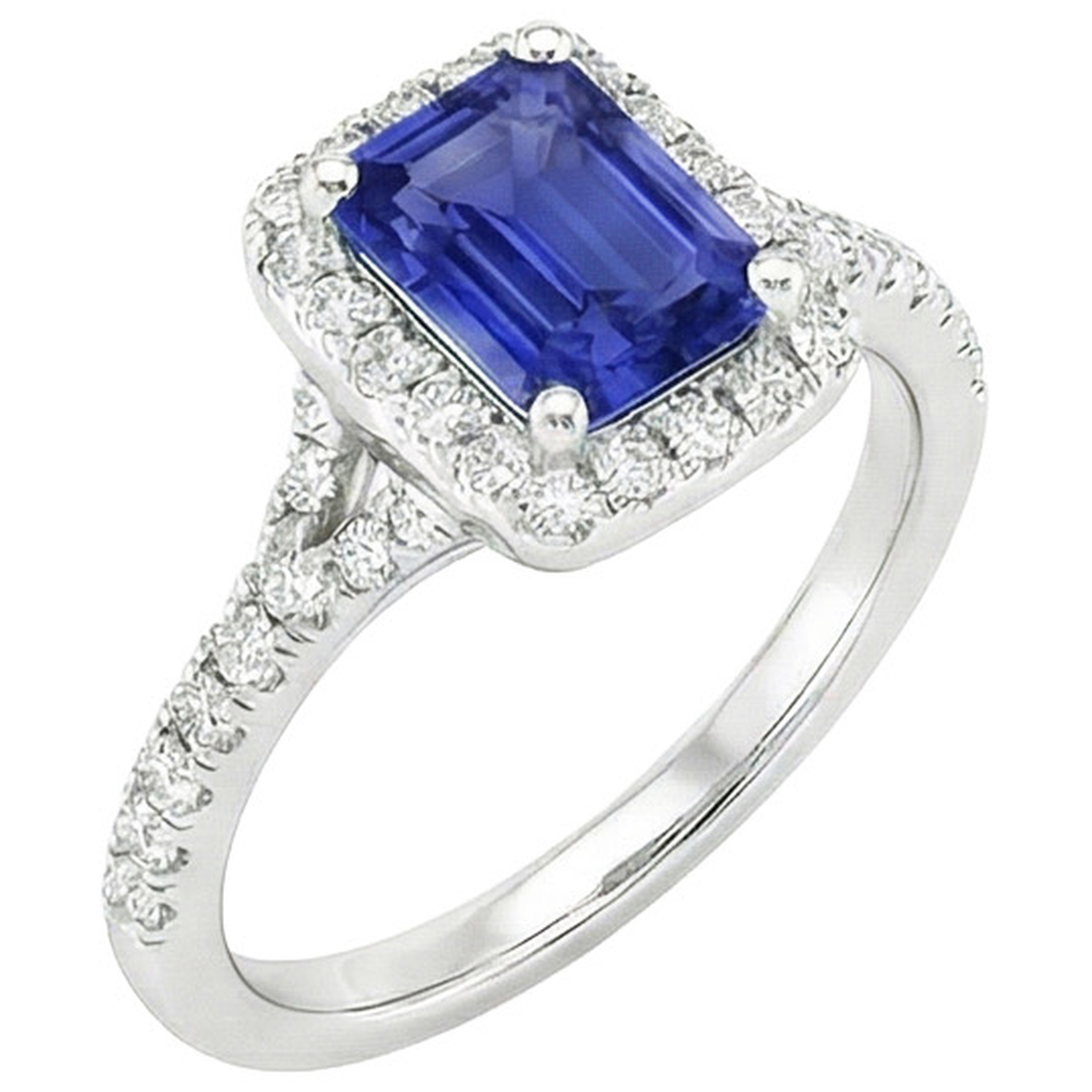 Halo Ring Emerald Sri Lankan Sapphire & Natural Earth Mined Diamond 4.50 Carats