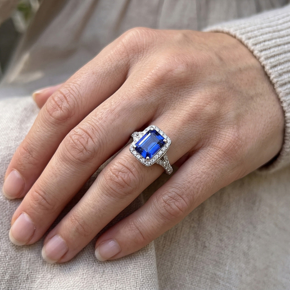 Halo Ring Emerald Sri Lankan Sapphire & Natural Earth Mined Diamond 4.50 Carats