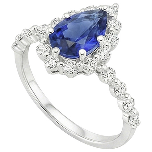 Halo Ring Flower Style Pear Blue Sapphire & Natural Earth Mined Diamonds 5 Carats